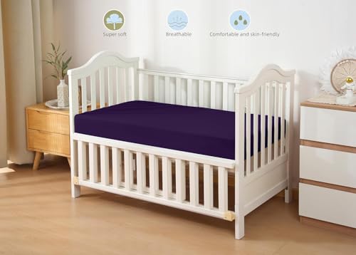 Image of HBHLFZ Crib Sheets for Boys, Girls, 28x52 Inch Fitted Crib Sheet - 8 Inch Deep Pocketed Fixed Sheet - Soft and Comfortable Microfibre - Fits Standard cot and Toddler mattresses, Purple