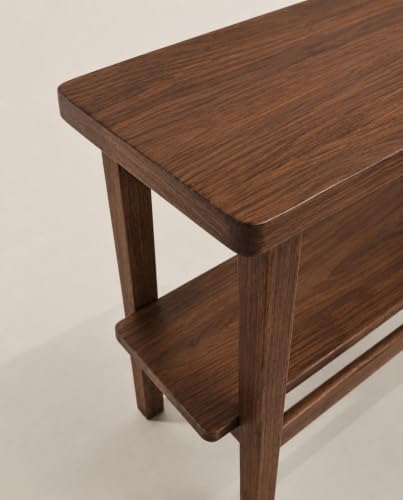 Image of Solid Sheesham Wood Side Table with Storage Shelf, Modern End Table for Living Room & Bedroom, Walnut Finish