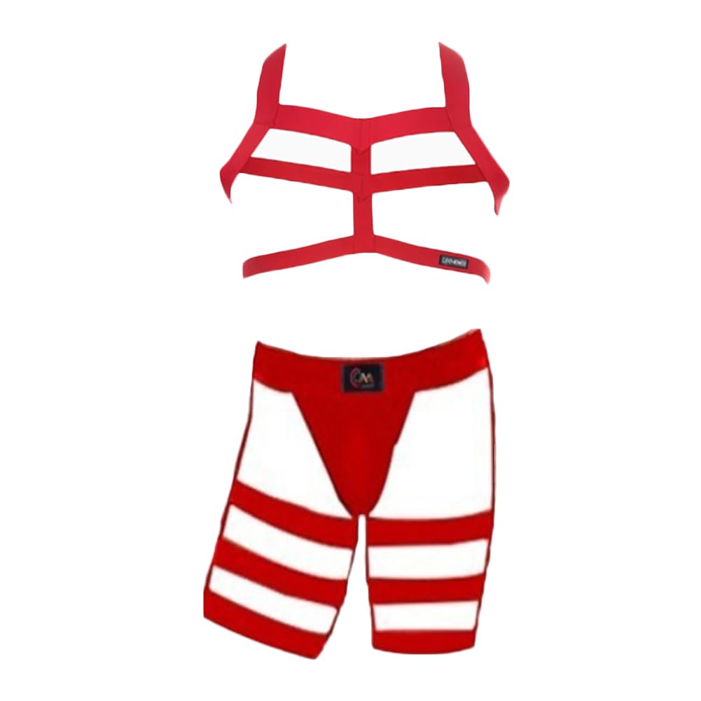 JPXJGT Men's Half Body Chest Harness Jockstrap Nylon Lingerie Set Bodysuit Gay Leotard Prom Show Thong(Size:One Size,Color:Red)