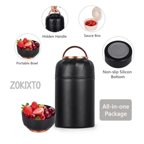Image of Insulated Lunch Box 500ml Stainless Steel | Thermal Food Flask & Food Jar with Folding Spoon | Leakproof Tiffin Box for Office, School, Travel | Hot & Cold Food Container (Black With Golden Handle)