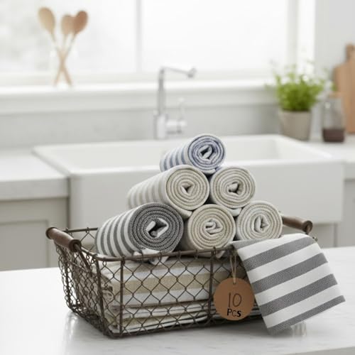 Image of Premium Cotton Hand Towels Set of 10 - Soft & Absorbent Gym Towels, 180 GSM, Striped Multicolor, 24 x 16 Inches, Lightweight Quick Dry Towels for Bathroom, Gym & Travel