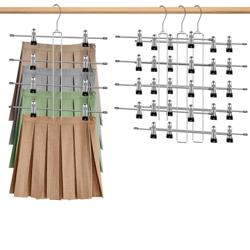 UniqNest Skirt Hangers Space Saving - 4 Tier & 5 Tier Skirt Hangers with Clips (4PCS in Total), Space Saving Pants Hangers with Adjustable Clips & Swivel Hooks - College Dorm Room Essentials
