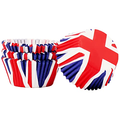 100Pcs Red White Blue Union Jack Cupcake Cases VJ Day 80th Anniversary Decoration Cup Cake Cases Great Britain Bun Case British Flag Paper Mini Baking Case Small Muffin Cups for Union Jack Royal Party