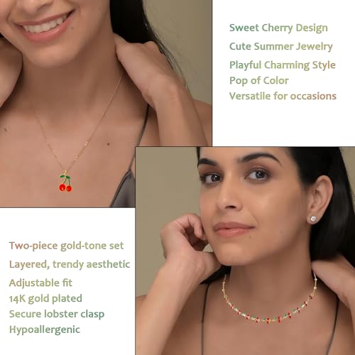 Jojomina Cherry Necklace for Women 2PCs 14K Gold Plated Layered Dainty Pendant Cute Summer Fruit Jewelry Accessories4
