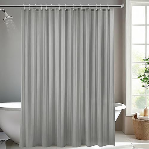 Image of Wakefit Shower Curtain 8 Feet | 14 Free Hooks | No Plastic Smell | Waterproof Bathroom Curtain | Curtain for Balcony | Machine Washable Fabric | Grey Stripes | Height 8ft & Width 6ft | Very Premium