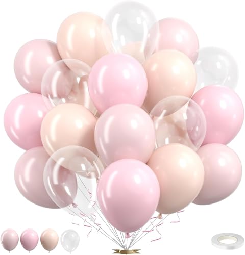 50 Piezas Globos de Cumpleaños, 12 Pulgadas Globo Látex Rosa Claro, Globo Rosa Helio, Globos Color Melocotón, Globos Transparentes Helio para Cumpleaño, Baby Shower, Bodas (B)