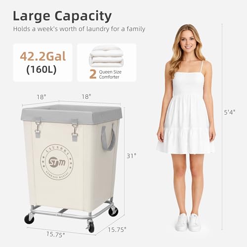 STORAGE MANIAC Commercial Laundry Hamper with Heavy Duty Steel Frame, 160 L Industrial Laundry Basket Cart with Wheels for Hotel, Home, Laundry Room, 18''L x 18''W x 31''H, Medium Beige - Image 4