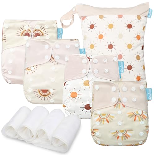 Image of Smarbore Baby Cloth Diapers Set - 4 Pack Nappies with 4 Inserts & 1 Wet/Dry Separation Bag, Adjustable Pocket Diapers for Baby Boys and Girls (6-33 pounds, 0-3 Years)
