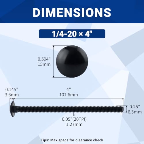 Image of 1 /4-20 x 4 Black Carriage Bolts with Nuts and Washers Kits (10 Sets), 304 Stainless Steel 18 /8, Black Finish, Round Head, Square Neck, Heavy Duty Bolts, Indoor Outdoor Fastening Bolts, Fayeploo