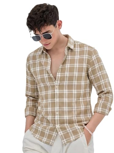 Image of U TURN Men's Casual Plaid Button-Down Shirt, Khaki and White Checkerd Shirt Stylish