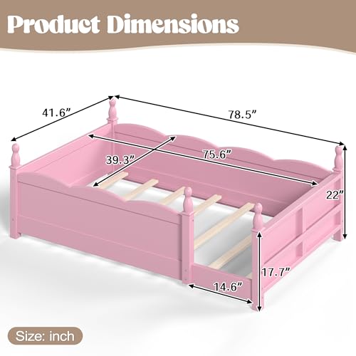 Image of Bellemave Twin Size Montessori Floor Bed Frame with High Fence, Solid Wood Kids Floor Bed with Bookshelf, Low Profile Bed for Boys & Girls, Childlike Design,Pink