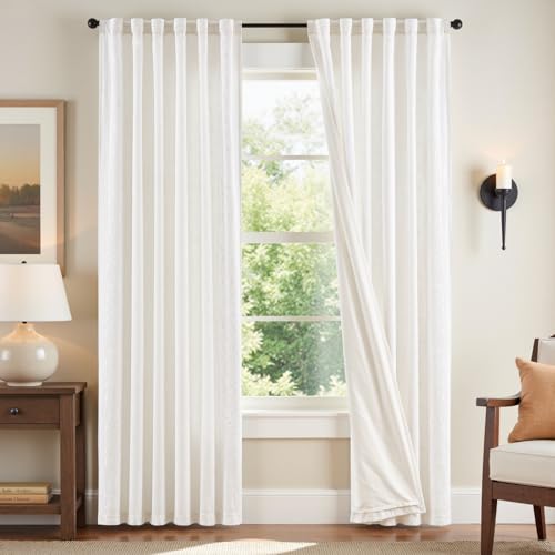 Image of jinchan White Floral Linen Curtains for Living Room 84 inch Back Tab 2 Panels
