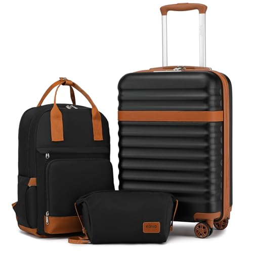 Kono Airline Approved Suitcase Set 3 Piece Luggage Set Lightweight Carry On Travel Luggage, TSA Lock Spinner Wheels Hardshell (Black/Brown, 3 piece set (BP/TB/20))