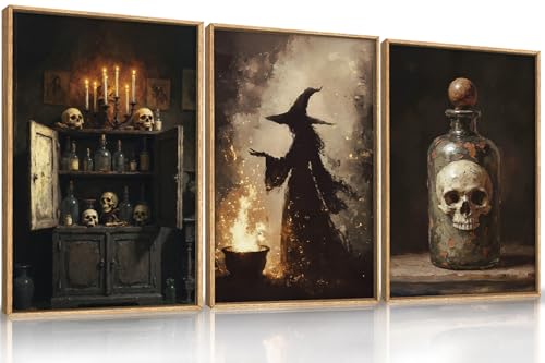 HPNIUB Halloween Witch Framed Canvas Wall Art Set, Terrifying Skeleton