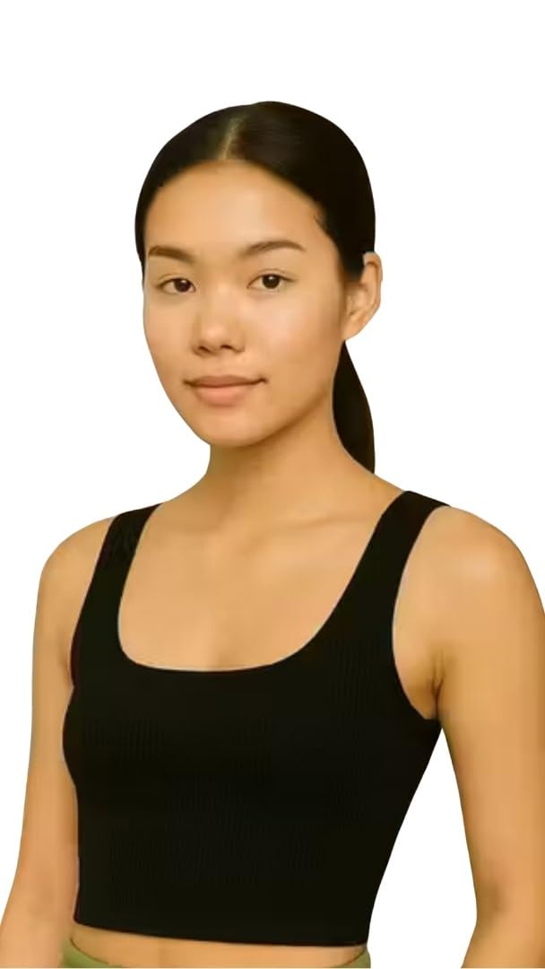 Women's Ribbed Crop Tank Top, Black Sleeveless Sports Bra, Athletic Workout Yoga Wear-image-1