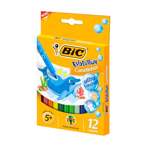 Canetinha Hidrográfica BIC Evolution, c/ 12 Cores, Ultra Lavável, Ponta Resistente, 940599, 1 Unidade