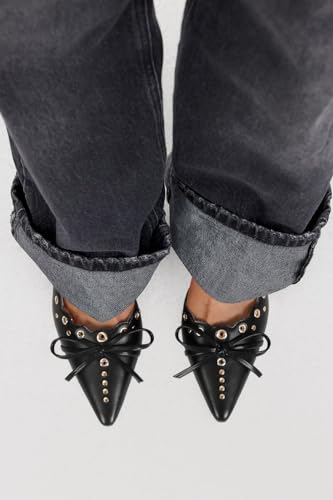Image of DOEYG Women Pointed Toe Bow Heels Mules Slip on Stiletto Heels Sandals Dress Party Wedding Studded Heels Pumps
