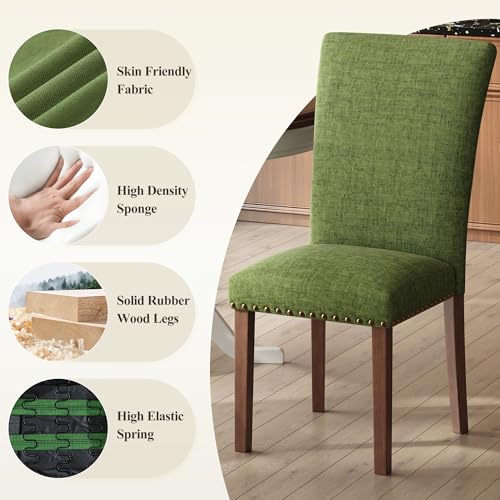 Image of COLAMY Upholstered Parsons Dining Chairs Set of 4, Fabric Dining Room Kitchen Side Chair with Nailhead Trim and Wood Legs - Green