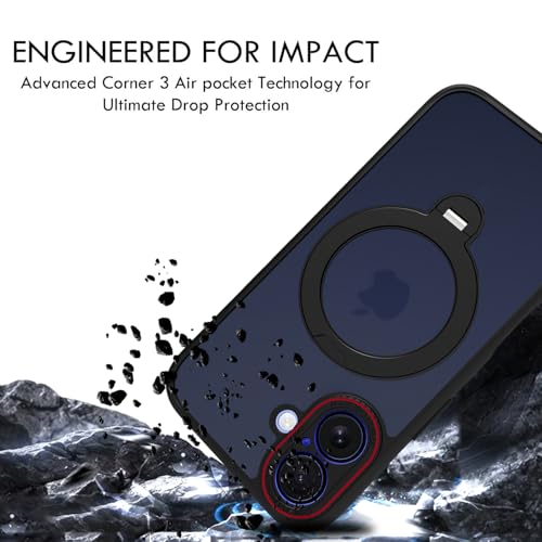 Image of RIGGEAR Shockproof Tough Hybrid Armor 360 Rotating Magnetic Ring Stand Back Cover Case Compatible with MagSafe Accessories for iPhone 16 (Smoke Black Matte PC and Black TPU Bumper)