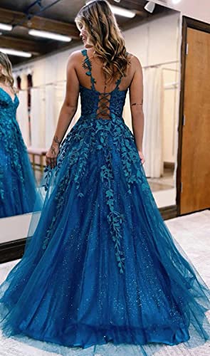 PEIYJYUSP Glitter Tulle Prom Dresses Long Ball Gown Lace Appliques V Neck Prom Dress for Women Formal Evening Party Gown2