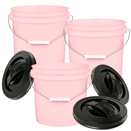 House Naturals 2 Gallon Food Grade - BPA Free Made in USA Buckets pails with Screw On Gasket Lids (Pack of 3) (Pink - Black lids)