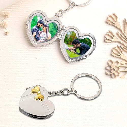 Personalised Heart-Shaped Double Photo Frame Metal Key Chain for Valentines Day Gift for Girlfriend Boyfriend Gift for Husband Wife Gift Personalised Gift for Valentines Day, Silver