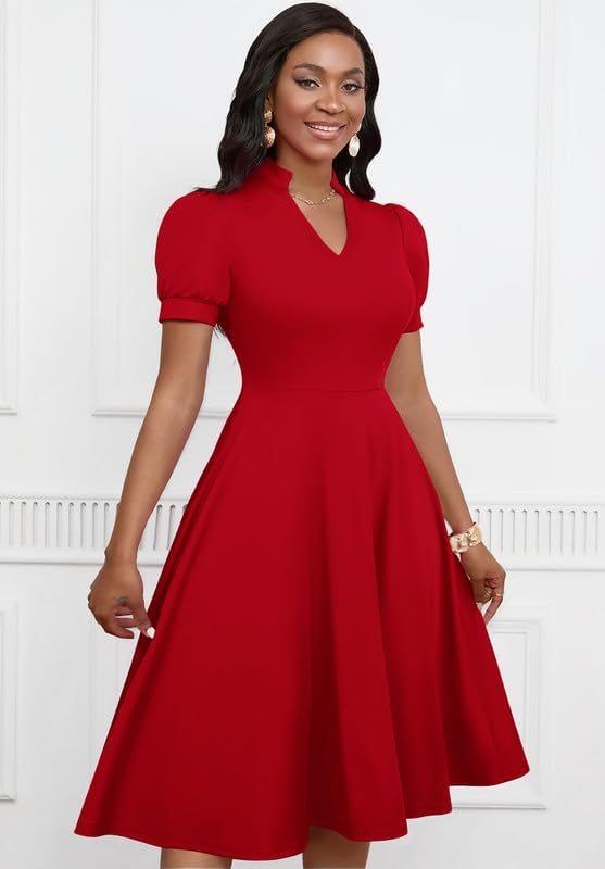 Womens Short Puff Sleeve V Neck Casual Semi-Formal Cocktail Party A-Line Dress - Image 2