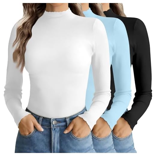 Ekouaer Mock Neck Tops for Women Turtleneck 3 Pack Thermal Long Sleeve Women Womens Undershirts Casual Turtle Neck Undershirt Black/White/Light Blue S