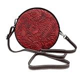 Bolso cruzado redondo de piel para mujer, de terciopelo en relieve, color rojo granate