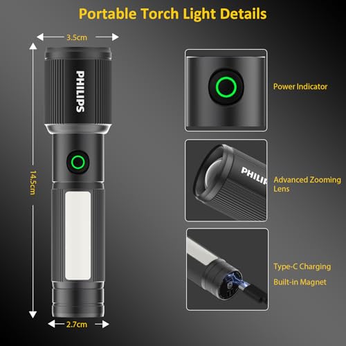 Image of Philips Torch Rechargeable, 7W Magnetic Torch & Side Bright Light, 330 Lumens Emergency Flashlight, 325M Coverage, 2000mAh Battery, Telescopic Zoom, Lightweight Flash Light for Home, Camping, Hiking