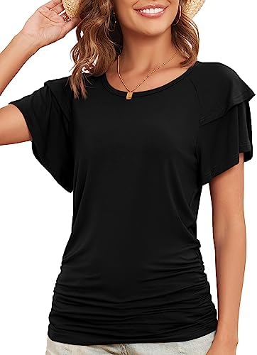 Side Seam Ruched Double Layer Short Sleeve Tops Summer Crewneck Tshirts for Women 2023 Trendy