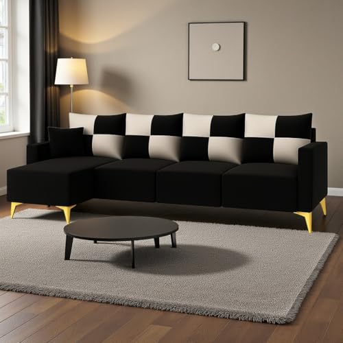 Image of CASASTYLE Brogan 6 Seater Fabric LHS L Shape Sofa Set (Black) in Premium Velvet Finish | Durable Comfort | Ideal for Living Room