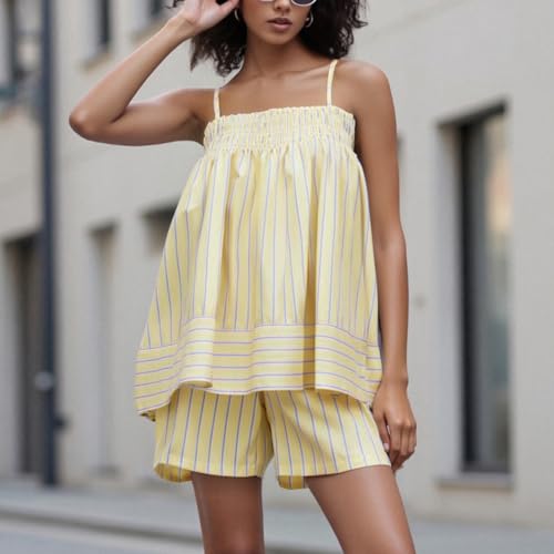 Image of SOOKABEILA Women 2 Piece Lounge Set Sleeveless Striped Cami Peplum Top Boxer Shorts Loose Ruffle Matching Pj Sets Outfits