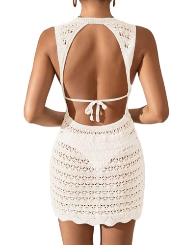 Womens Crochet Floral Knit Slim Fit Beach Mini Dress Summer 2025 Sexy Backless Tie Crewneck Bathing Suit Cover Up