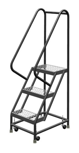 Image of Tri-Arc KDSR103162 3-Step Steel Rolling Industrial and Warehouse Ladder with Handrails and 16 inch Wide Grip-Strut Tread
