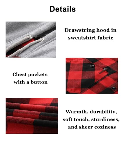 Image of Hooded Flannel Shirts for Men Plaid Long Sleeve Flannel Jacket Hoodies | Button-Down, Lightweight Coat, Classic Plaid Shirts with Hood, Flannel Hoodies with Pocket