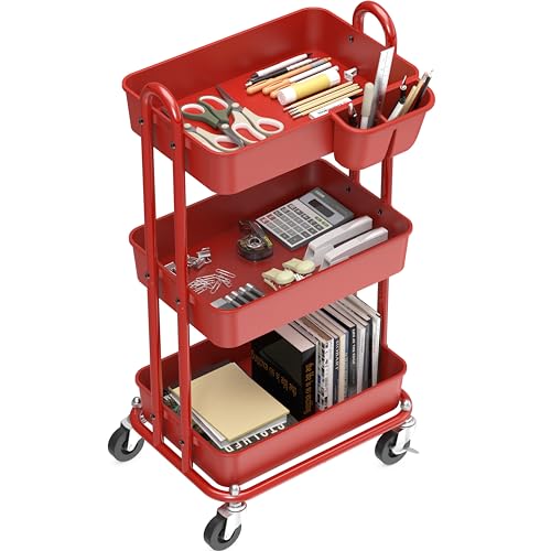 Image of Simple Houseware 3-Tier Multifunctional Rolling Utility Cart with Hanging Bucket, Red