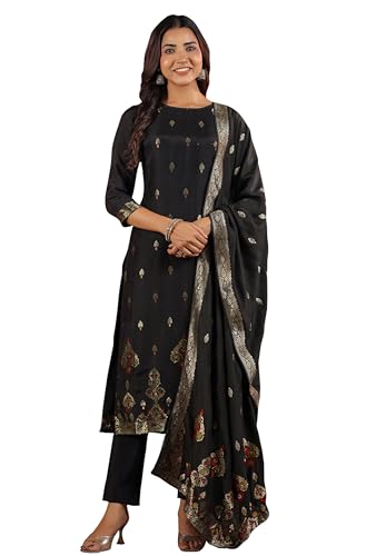 Janasya Indian Women's Silk Blend Mustard Jacquard Festive Wear Kurta Set for Women