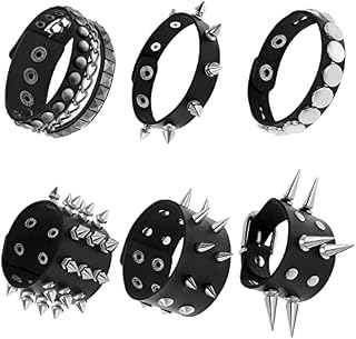 6 Pcs Unisex Black Metal Spike Studded Punk Bracelet Leather Rivets Bracelet Cuff for Mens Womens Rock Vintage Gothic Style Adult