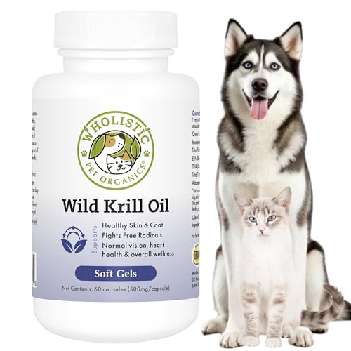 Wholistic Pet Organics Krill Oil for Dogs and Cats - Premium Antioxidant Support for Pets - Cat and Dog Skin and Coat Supplement with EPA DHA Astaxanthin - Omega 3 for Dogs and Cats - 60 Soft Gels