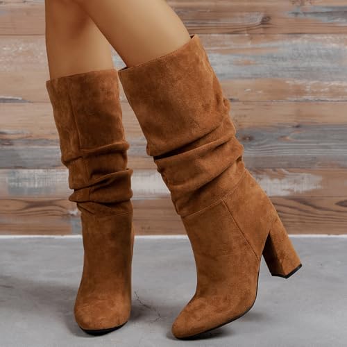 Brown Slouchy Boots for Women - Mid Calf Fall Boots 2024 with Chunky High Heels - Casual Women's Fashion4
