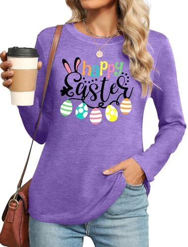Easter Shirt for Women - Happy Easter Long Sleeve Shirts Easter Bunny Graphic Tee Christian Easter Gift Tops