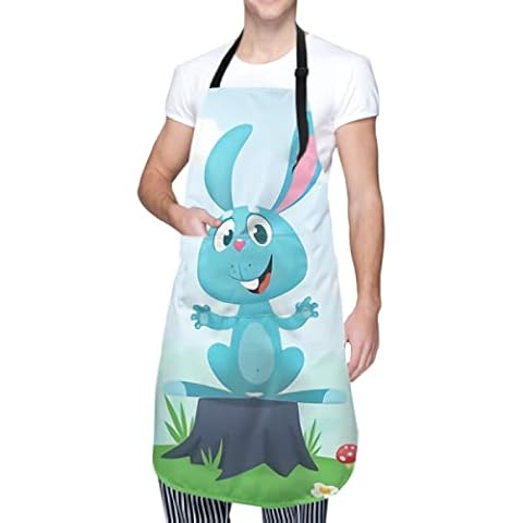 Aprons for Men Women Cartoon Easter Rabbit Standing On Tree Stump Apron with 2 pockets For Cooking, Baking, Barbecue, Gardening Cover