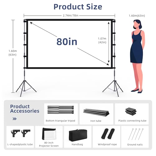 Image of 80 Inch Projector Screen with Stand, 16:9 4K HD Movie Projector Screen Outdoor Indoor Front /Rear with Carry Bag for Home Backyard Camping Movie Night