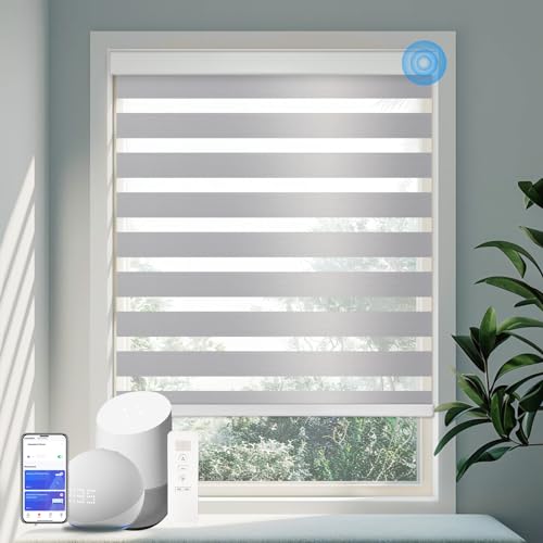 Image of Motorized Zebra Blinds Custom Size Smart Dual Layer Shades for Windows with Remote | Assembled in USA | Electric Day and Night Privacy Light Filtering Rechargeable Quiet Motor Window Shades