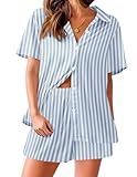Ekouaer Womens Pajamas Set Short Sleeve Button Down Top and Shorts Sleepwear 2 Piece Pjs Set Blue Stripe