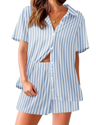Ekouaer Womens Pajamas Set Short Sleeve Button Down Top and Shorts Sleepwear 2 Piece Pjs Set Blue Stripe