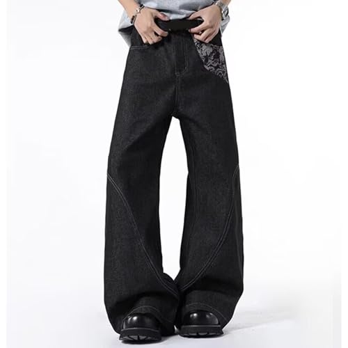 Barrel Jeans Men Patchwork Flower Skater Denim Pants Streetwear High Waist Barrel Leg Bottoms Loose Fit Relaxed Floral4