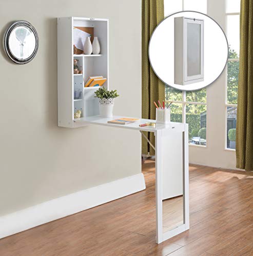 Kings Brand White Finish Wood Fold-Out Convertible Wall Mount Desk With Mirror