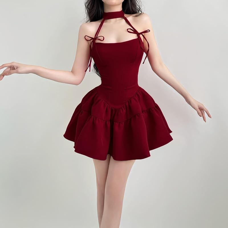 French Retro red Bow tie Tied Neck Dress with Waistband and A-line Puffy Suspender Short Skirt4